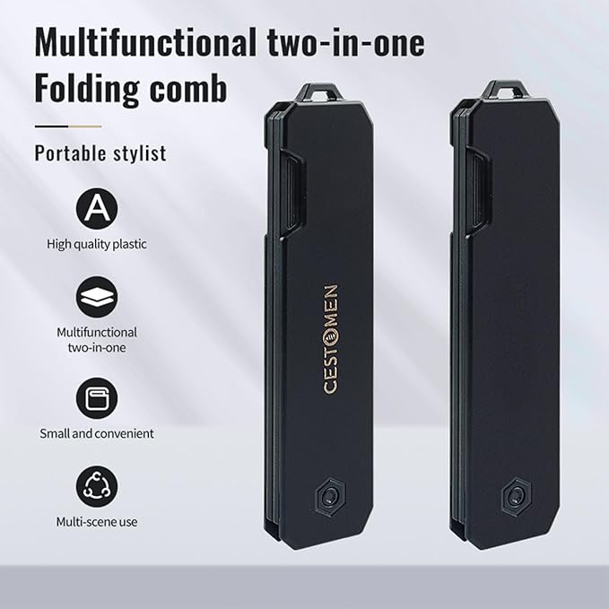 Protable Folding Pocket Comb for Men, 2 in 1 Hair Comb - Fine Tooth Comb, Styling for Everyday Grooming & Combing Hair, Beards and Mustaches (Black)