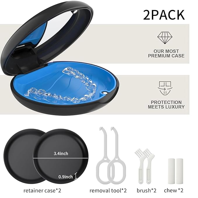 2 Pack Retainer Case with Mirror, Compatible with Invisalign, Orthodontic Aligner Case with Removal Tool and Brush, Black