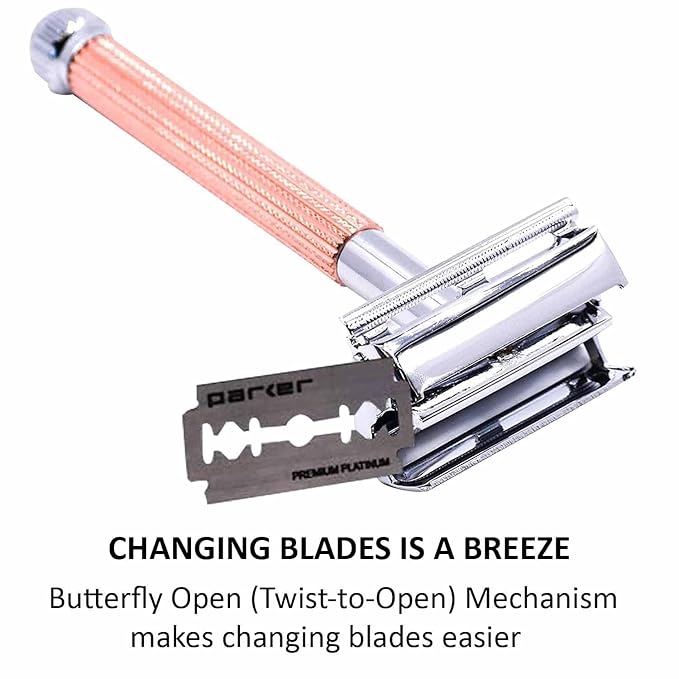 Parker 29L Rose Gold, Long Handle Butterfly Open Double Edge Safety Razor for Men & Women, 5 Parker Premium Platinum Double Edge Razor Blades Included