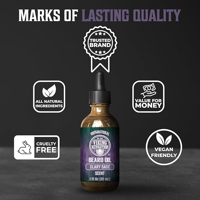 Viking Revolution Beard Oil with Clary Sage for Men - Natural Blend with Argan and Jojoba Oils for Softening, Strengthening, and Moisturizing