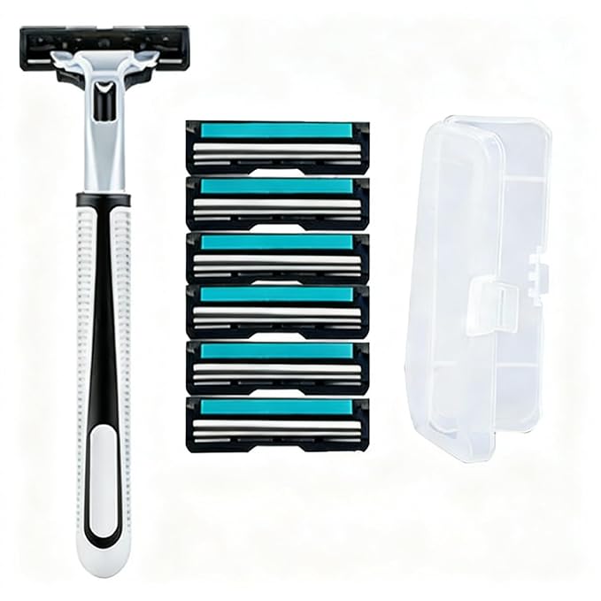 BOROLA Shaving Razor Set for Men, Double-Layer Razor Blades, Washable 3-in-1 Manual with 6 Replacement Heads,1 Handle, Storage Box Close Comfortable Shave, Travel Friendly