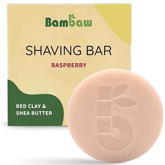 Bambaw Women Shaving Soap 2.5 oz, Red Clay & Shea Butter Shave Soap Puck, Eco & Vegan Shaving Soap, Exfoliating Shaving Bar, Raspberry Shave Bar
