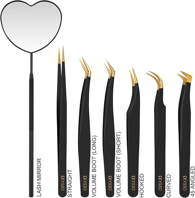 7 Pack Lash Tweezers Set for Eyelash Extensions, High Precision Eyelash Tweezers for Classic & Mega Volume Lashes