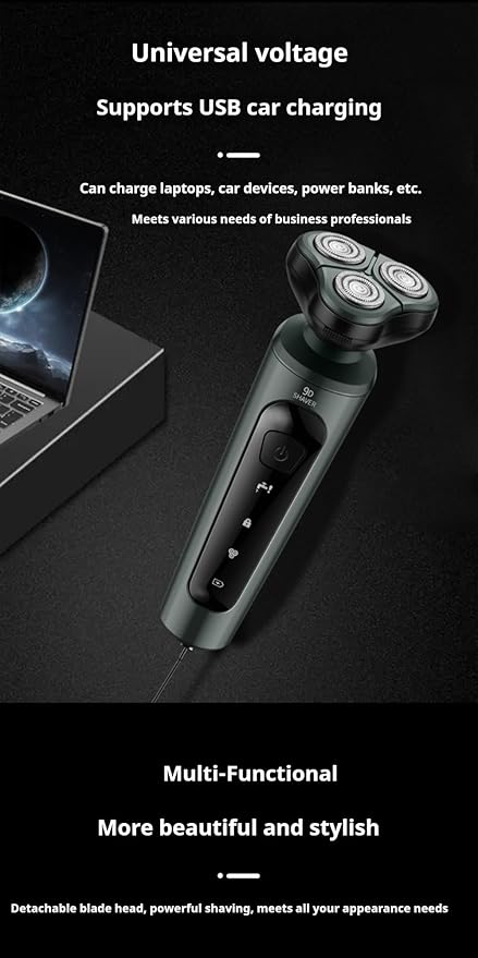 4-in-1 Electric Shaver for Men — Rechargeable, Equipped with Trimmer, Facial Cleansing Brush & Nose Hair Cutter, Full-Body Washable, Rotary 3-Blade System, 90 Minutes of Runtime
