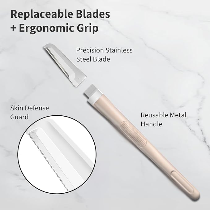 Dermaplane Razor for Women Face, Precision Face Razors for Women, Dermaplaning Tool, Gentle Exfoliation, Perfectly Shape Brows, Reusable Metal Handle with 8 Microblades, Beige