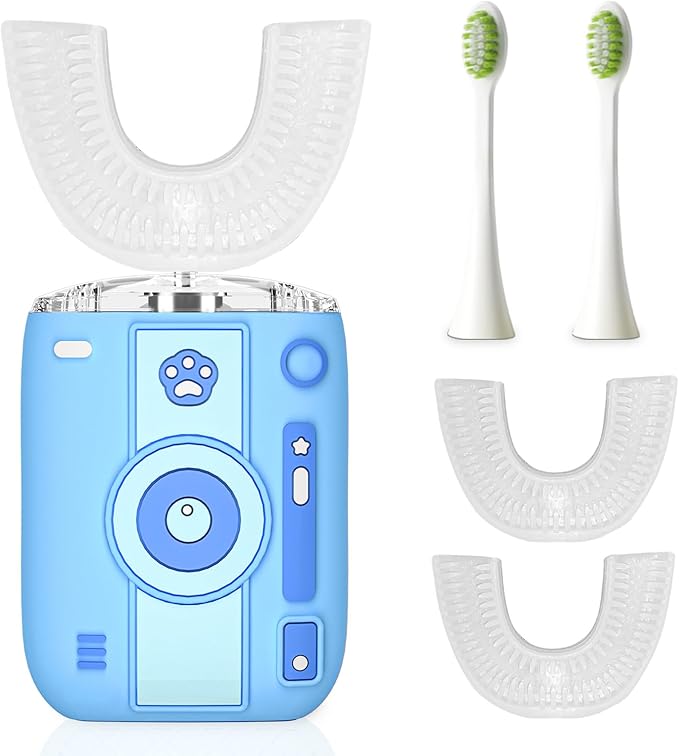 Automatic Sonic Electric Toothbrush - Adult U-Shaped Design, IPX7 Waterproof 360° Full Cleaning, Rechargeable Travel Set (Blue-Camera)