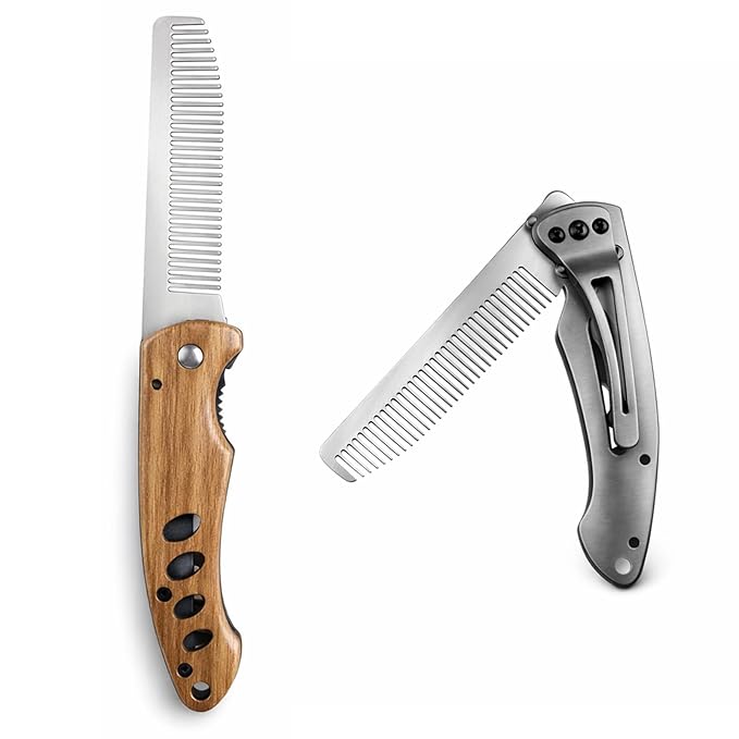 Qianyu Stainless Steel Folding Comb Small Folding Pocket Beard Metal Grooming Tool with Wooden Handle Portable Multifunction Hair Comb Mustache Combs Fits In Keychain for Men Outdoor Travel Home Use