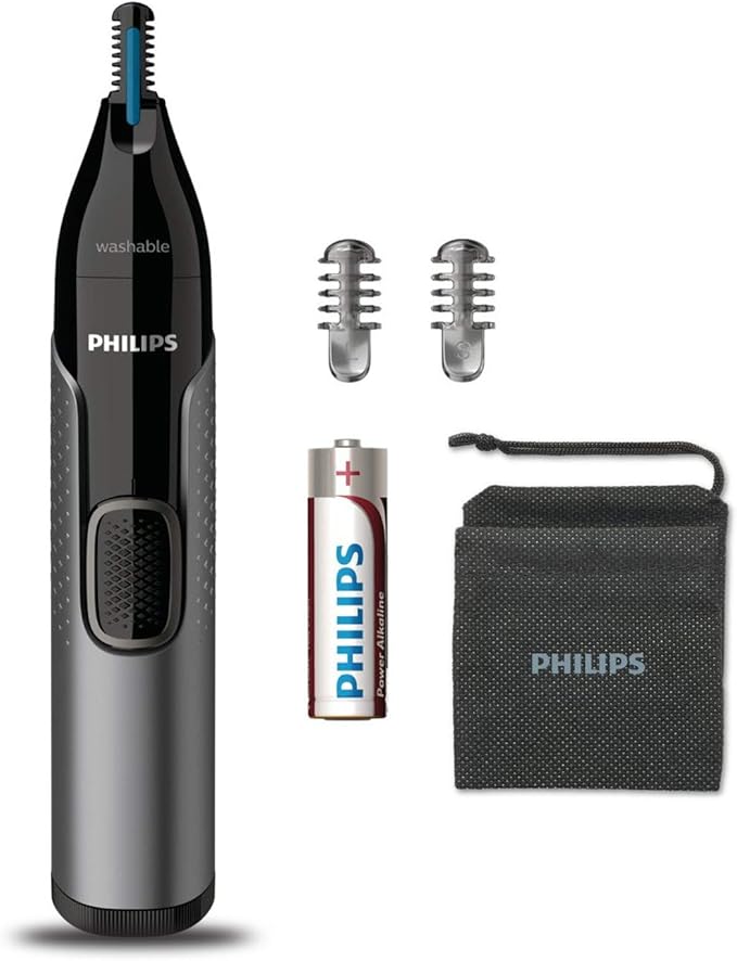 Philips Nose Trimmer Nt3650/16, Nose, Ear & Eyebrow Trimmer with Protective Guard System, Fully Washable, Including AA Battery, 2 Eyebrow Combs, Pouch (Gray)