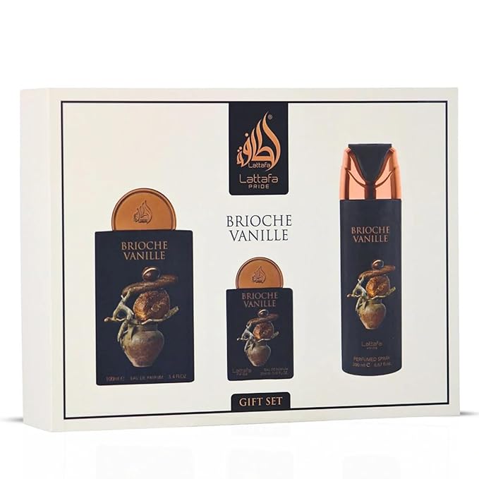 Lattafa Pride Brioche Vanille 3-Piece Gift Sets – Long Lasting Arabian Perfumes for Unisex – Eau de Parfum & Perfumed Spray – Elegant Ladies Perfume with Floral & Woody Scents – Premium Gift Box