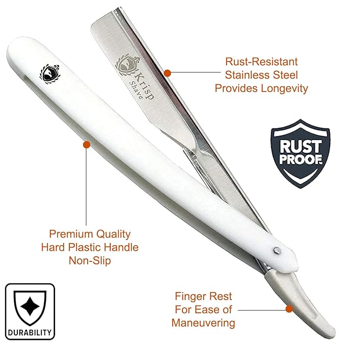 Professional Straight Razors For Men - Barber Razor Straight Edge Razor Kit For Close Shave - Beard Cut Throat Safety Razor Navajas Para Barbero Shavette - 10 Shaving Blades By Krisp Beauty White