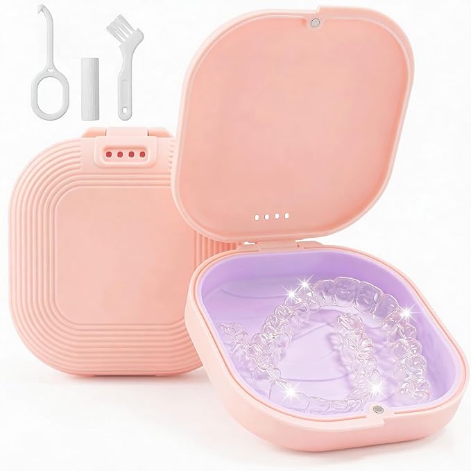 Retainer Case with Vent Holes, Aligner Case for Invisalign, Portable Aligner Kit, Removable Silicone Liner, Orthodontic Storage Box Secure Magnetic Closure for Travel - Pink