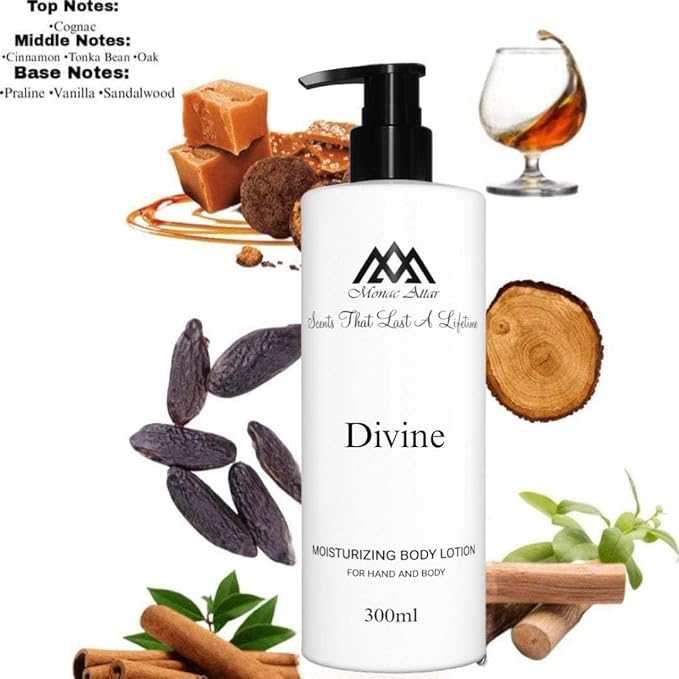 Monac Divine Lotion Inspired by Angels Share, Eau De Parfum, 10 oz/300ml, Unisex, Long Lasting, Luxury Made Affordable