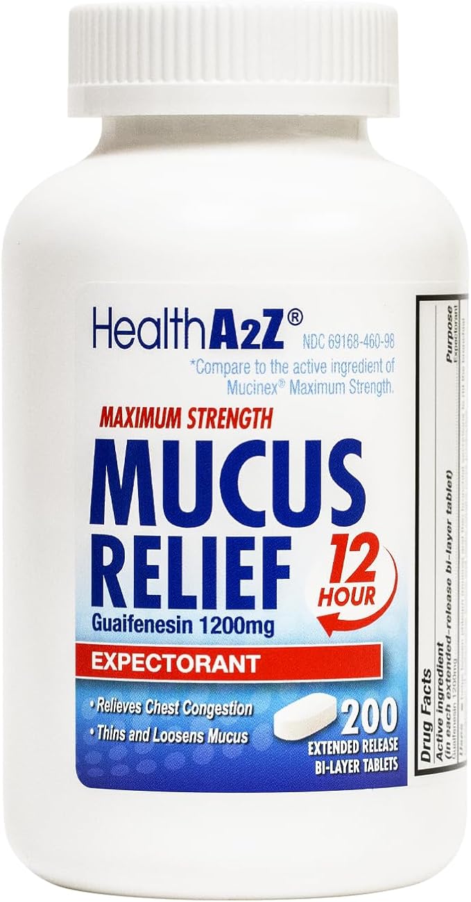 HealthA2Z® Mucus Relief | Guaifenesin 1200 mg |12 Hour | Expectorant | Relieves Chest Congestion | Thins and Loosens Mucus (200 Tablets)