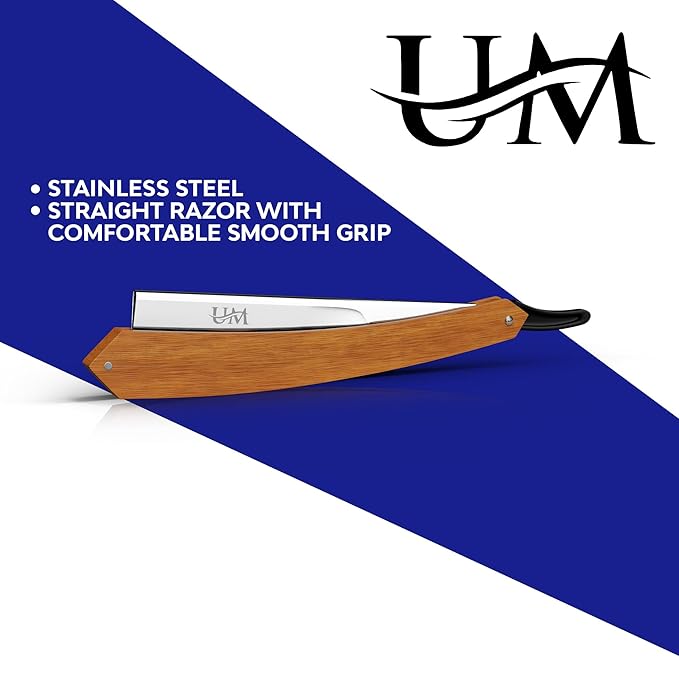 UM Supplies Straight Razors for Men – Professional Barber Straight Edge Razor Kit with 10 Replaceable Insert Single Edge Blades - Navajas Para Barbero (Wooden Straight Handle)