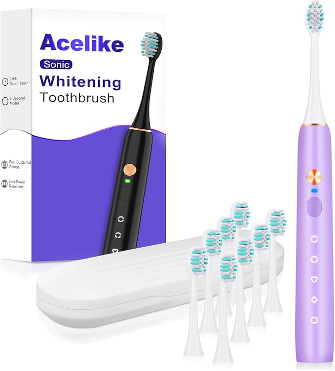 Whitening Electric Toothbrush for Adults and Kids, Rechargeable Toothbrush with 8 Brush Heads & Travel Case, 5 Modes & Smart Timer, 45000VPM Deep Clean, IPX7,One Fast Charge Last 120 Days - Purple