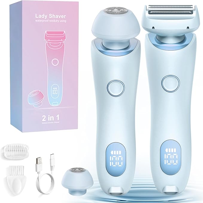 Electric Shaver for Women, 2 in 1 Wet & Dry Silk Glide Pro Shaver with 2 Removable Heads, Rechargeable Electric Trimmer for Bikini, Pubic Hair, Legs, Body, IPX7 Waterproof