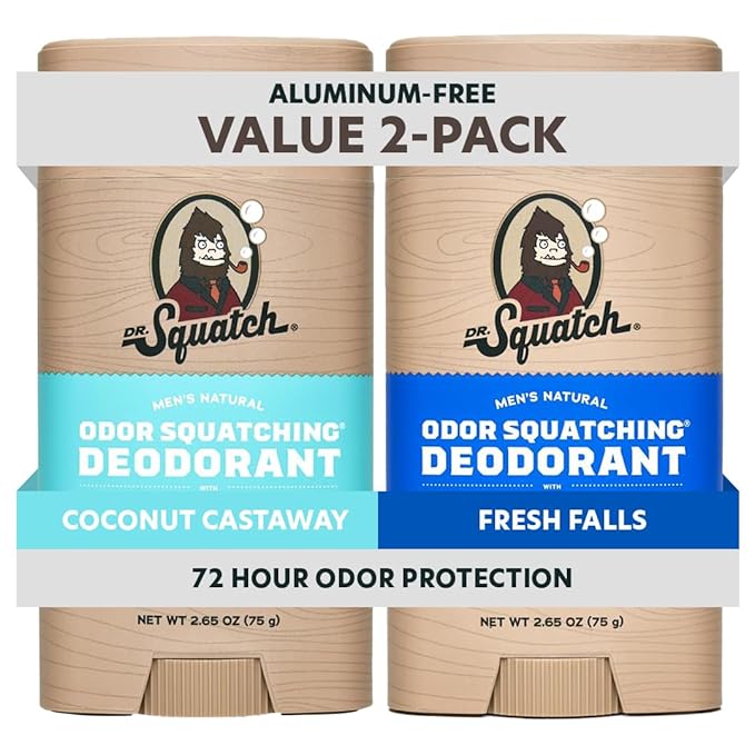Dr. Squatch Natural Deodorant for Men - Odor-Squatching Aluminum Free - Coconut Castaway & Fresh Falls (2.65 oz, 2-Pack)