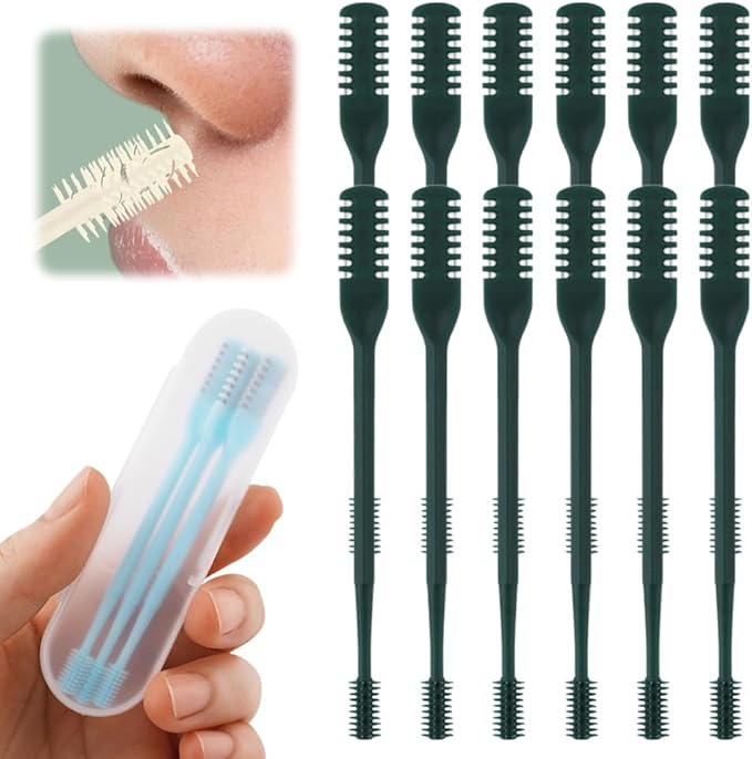 2-in-1 Nasal Hair Cutter, 2025 Upgrade 360° Rotating Nose Hair Trimmer with Double-Sided Blade & Ear Pick, Manual Nostril Hair Removal Tool for Men and Women, Soft Cleaning Brush (Dark Green, 12PCS)
