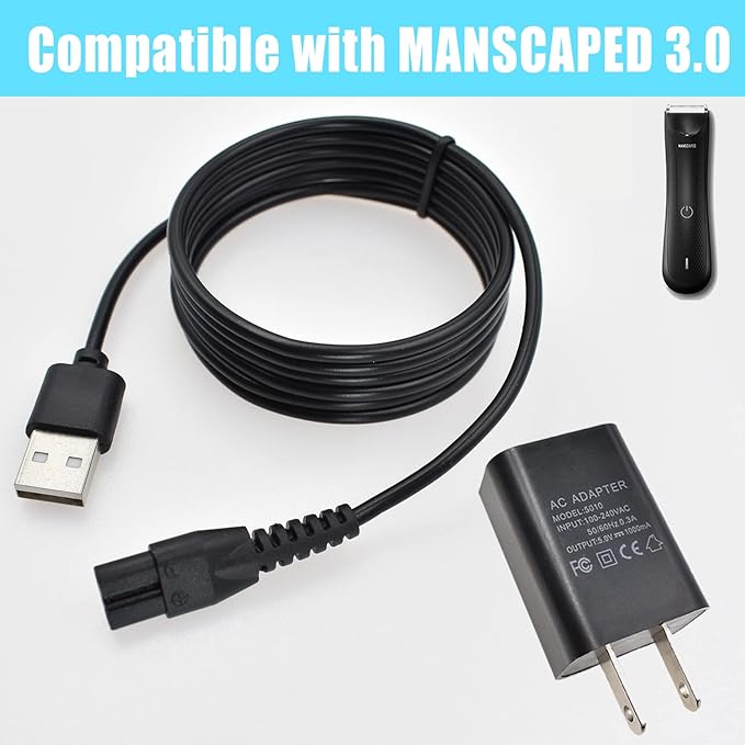 Charger Fit for Manscaped Lawn Mower 3.0/2.0 Electric Groin Hair Trimmer Replacement Charging Cable Power Cord Adapter（Wall Adatper+USB Cable）