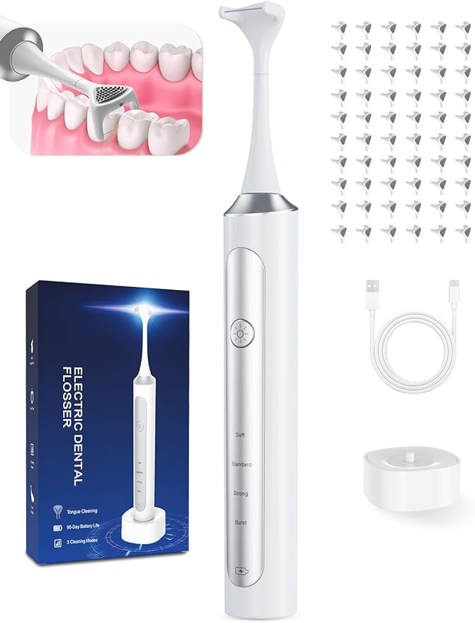 Rechargeable Electric Flosser – 4-Speed Dental Flosser with 60 Heads & Tongue Cleaner – contactless Charging Base for Adults & Kids – Dentist-Approved Gum Care & Water Flosser Alternative