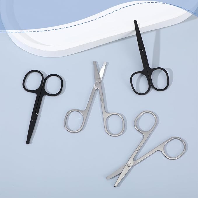 4 Pcs Nose Hair Scissors, Rounded Tip Eyebrow Scissors Stainless Steel Blunt Tip Trimmer Will Not Hurt the Nasal Cavity for Nose Eyebrow Eyelashes Trimming Mustache Beard Grooming