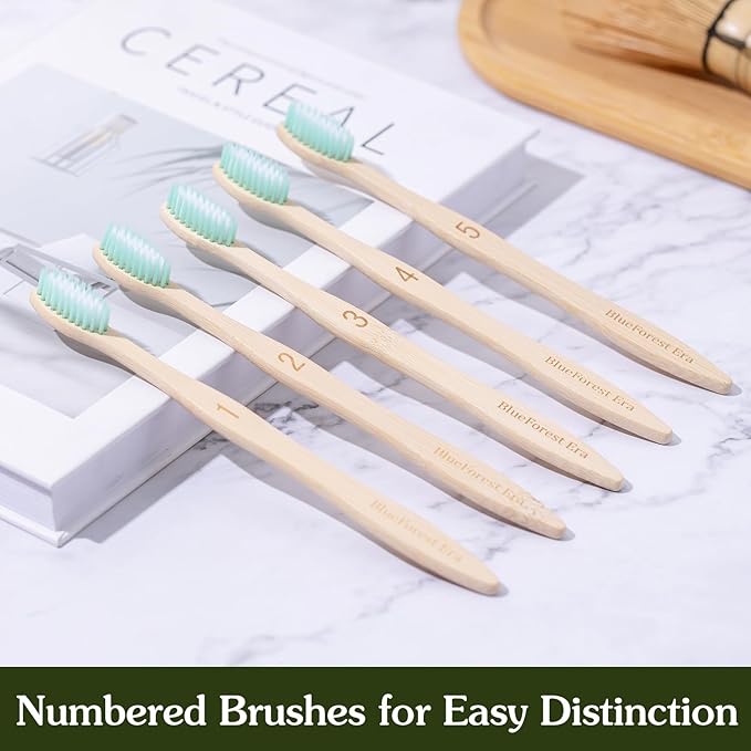 Bamboo Toothbrushes 10 Count Set, BPA Free Soft PBT Bristles, Natural Eco-Friendly Wooden Toothbrush, Organic Biodegradable Travel Tooth Brush for Adults