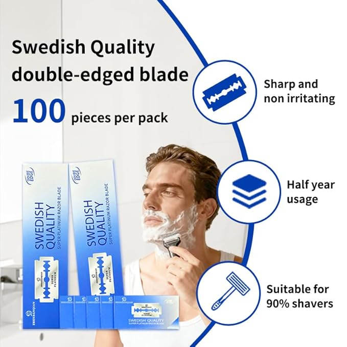 Super Platinum Double Edge Razor Blades, Swedish Quality, 100 Pack, Sharp Non-Irritating, 1.69 x 0.87 Inch, 6-Month Supply