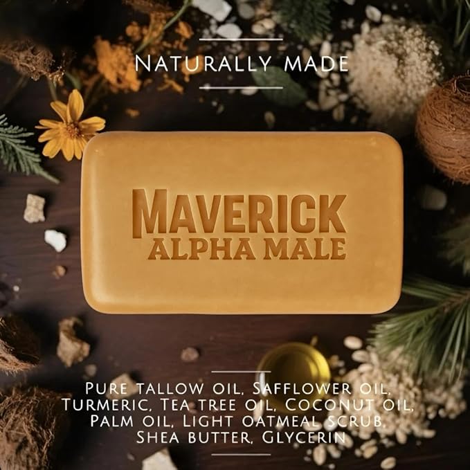 Maverick Alpha Male Soap & Health Brand Mystic Spice Fragrance Tallow Soap for Men – Deep Clean Bar with Coconut oil, Tea Tree oil, Safflower oil, Turmeric & light Oatmeal scrub