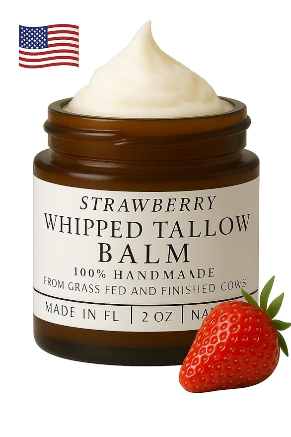 HANDMADE WHIPPED STRAWBERRY TALLOW BALM - Grass Fed - O. Essential Oils, O. Jojoba Oil, O. Arrowroot Powder