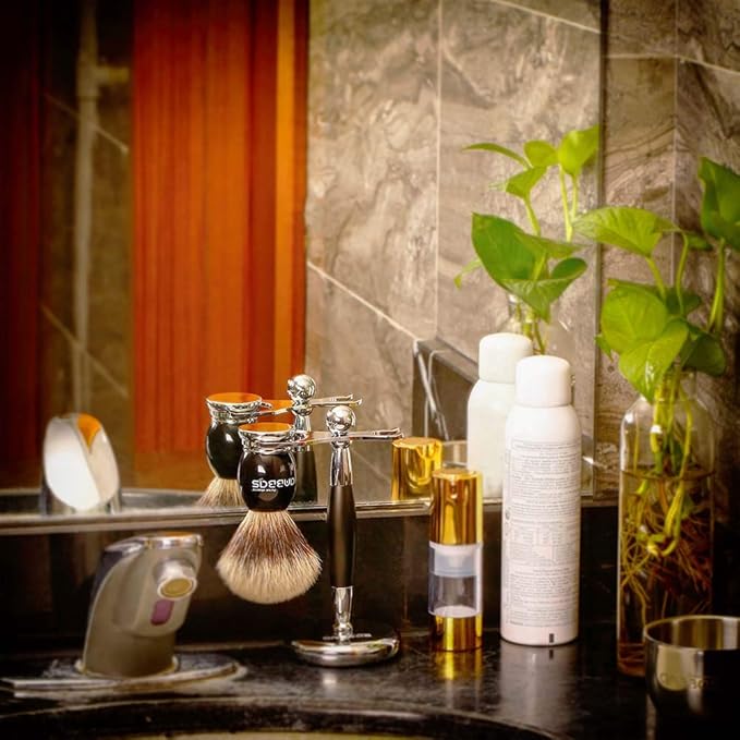 Anbbas Shaving Brush and Stand,Silvertip Badger Hair Brush Black Resin Alloy Handle with Stainless Steel Shaving Stand for Double Edge Safety Razor Straight Razor for Men