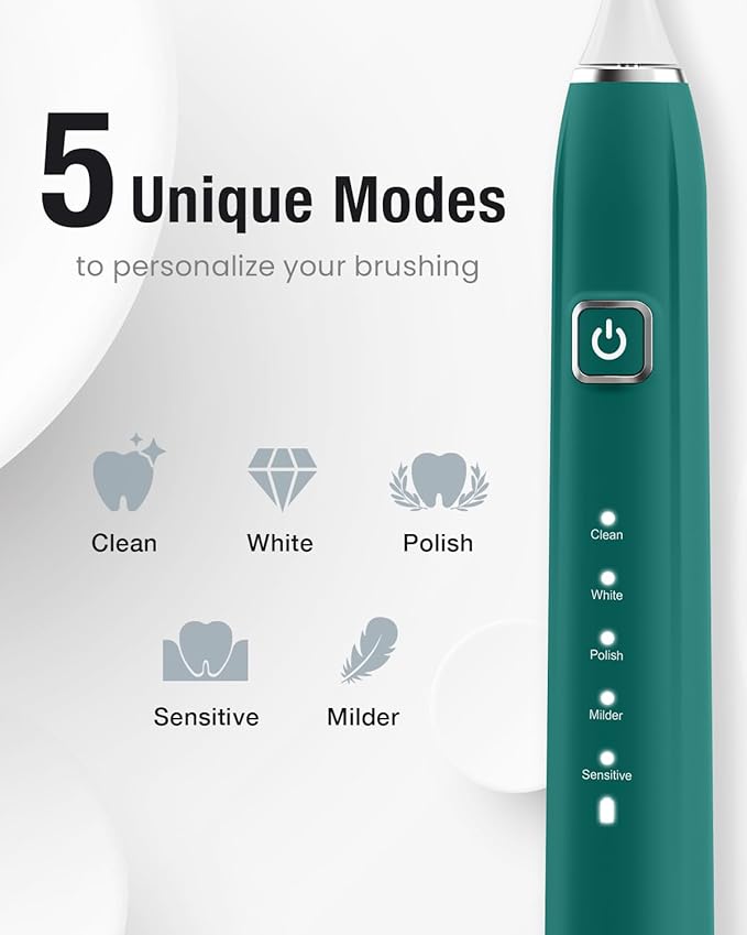 7AM2M Ultrasonic Electric Toothbrush with 6 Brush Heads for Adults&Kids, Type C Charging, One Charge for 120 Days, 5 Modes&40000VPM Powered Toothbrush, 2 Minutes Built in Smart Timer (Peacock Green)
