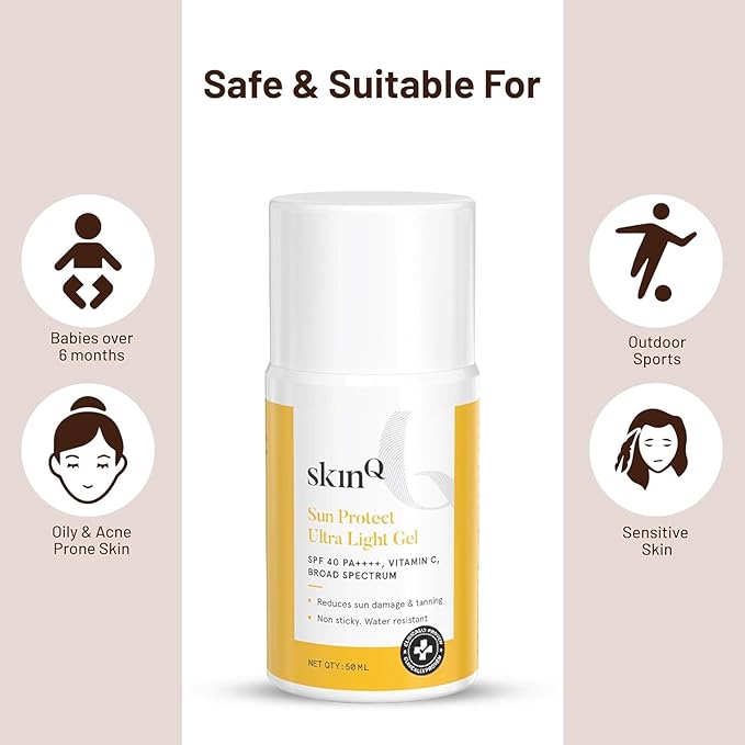 S-kin.Q Sunscreen for Men & Women 50ml with Vitamin C, SPF 40 & Broad Spectrum PA++++ | Sun Protect Ultra Light Gel suitable for All Skin Types | Lightweight, Non-Sticky & Water-Resistant
