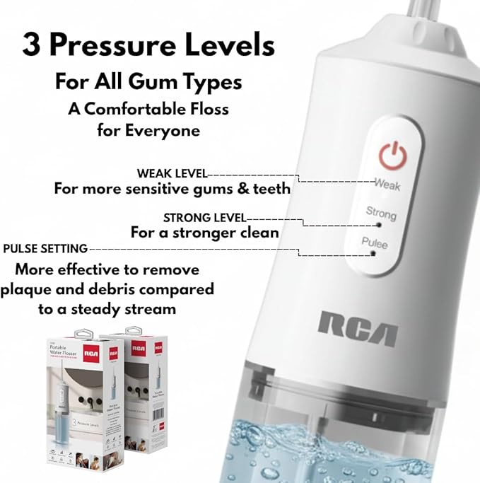 RCA Portable Water Flosser for Teeth & Gums – Cordless Rechargeable Oral Irrigator with 3 Pressure Levels, 4 Jet Tips & USB Tank – Travel Water Flosser for Teeth Cleaning (Light Blue)
