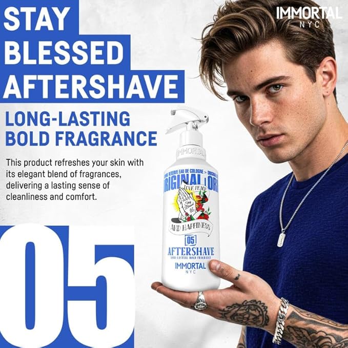 Immortal NYC Stay Blessed 05, After Shave Spray Body/Face Men's Cologne, 17 oz, Exclusive Barbers, Softens Skin, Refreshes, Purifies and Relieves Face and Skin, Moisturizing Formula After Shaving
