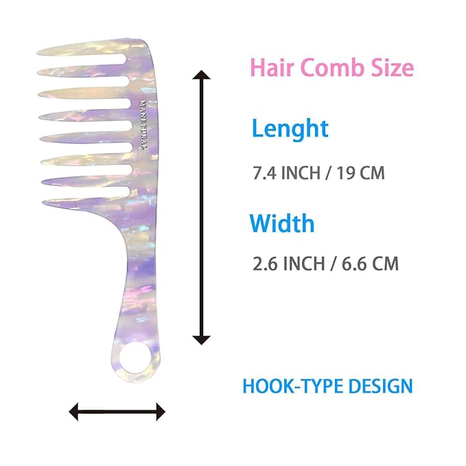 D1 | wide tooth comb 7.4"for easy portability. Suitable for Women's/girl curly, curly and tight hair, the short handle design is easy to carry. Acetate comb (White Purple B)