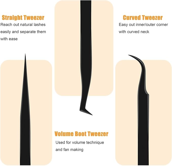 Lash Tweezers Set for Eyelash Extension, Eyelash Tweezers for Classic Individual and Volume Lash Extensions, Complete with Storage Case (Black, 3PCS Set)