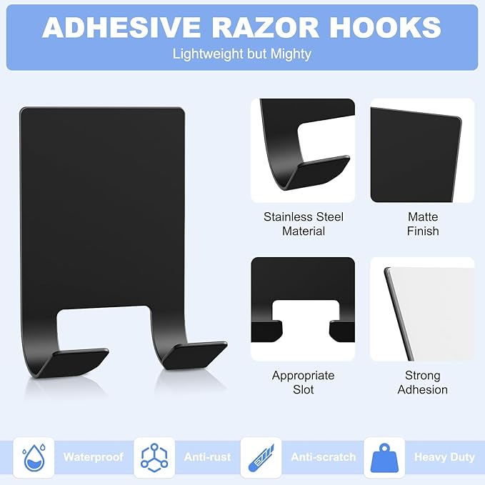 VIS'V Adhesive Razor Holder, Wall Mount Shower Razor Hooks for His and Hers, Metal, Waterproof, Black, 2 Pcs