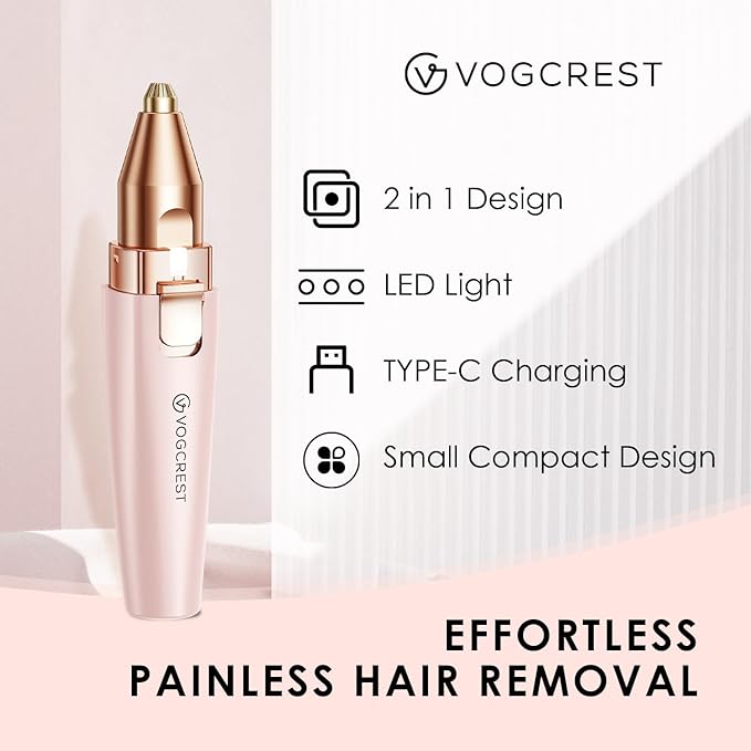 VG VOGCREST 2 in1 Trimmer with Replacement Heads - Rechargeable Facial Hair Removal and Eyebrow Shaver - Face Lips Body Painless Facial Razor with Built-in LED Light (Pink)