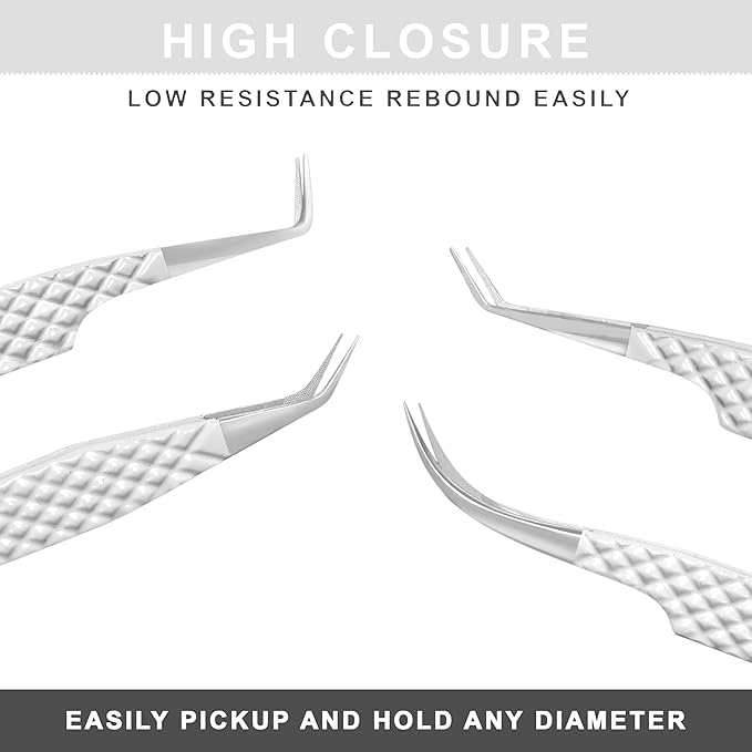 Fiber Tip Lash Tweezers for Eyelash Extensions with Diamond Grip, Set of 4 Precise Tips Japanese Steel for Classic, Volume & Mega Volume Lashes, Ideal Tweezers Set for Lash Artists (4, White)