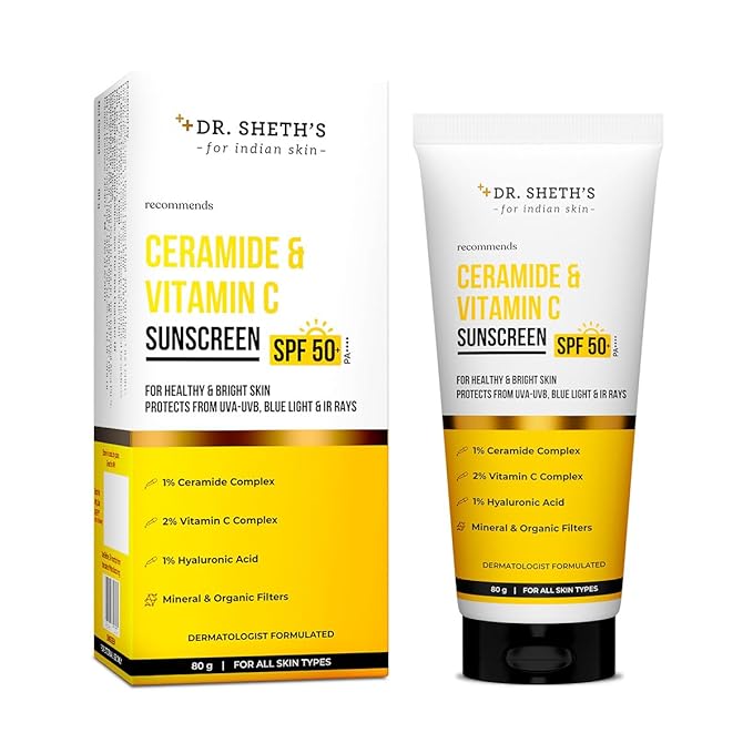 Dr. Sheth's Women & Men Ceramide & Vitamin C Sunscreen For All Skin Types Spf 50+ Pa+++ | For Deep Moisturization | Non-Greasy,Quick-Absorbing | 80G,Pack Of 1