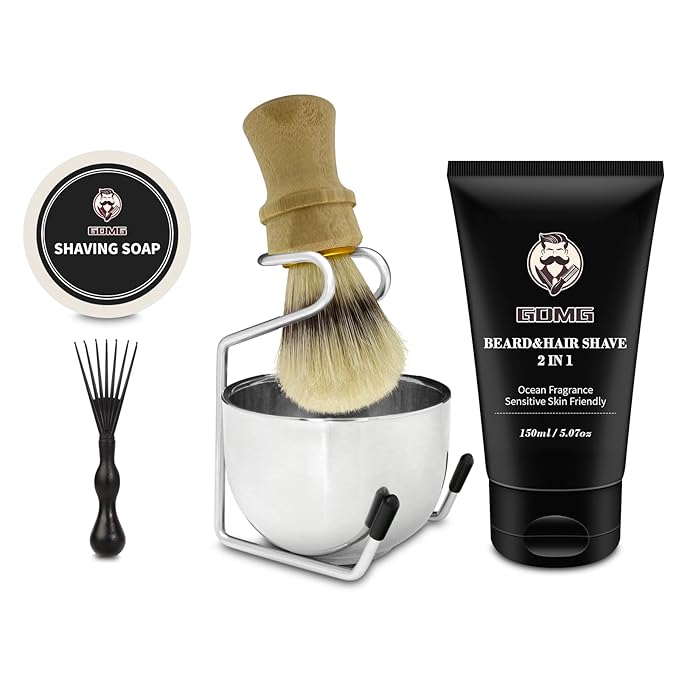 Shaving Brushes for Men,5 in 1 Shave Brush Kit,Includes 100% Pure Boar Shaving Brush, Shaving Bowl,Shaving Cream& Shave Soap Best Shaving kit for Men Gift Set (Wood Color)