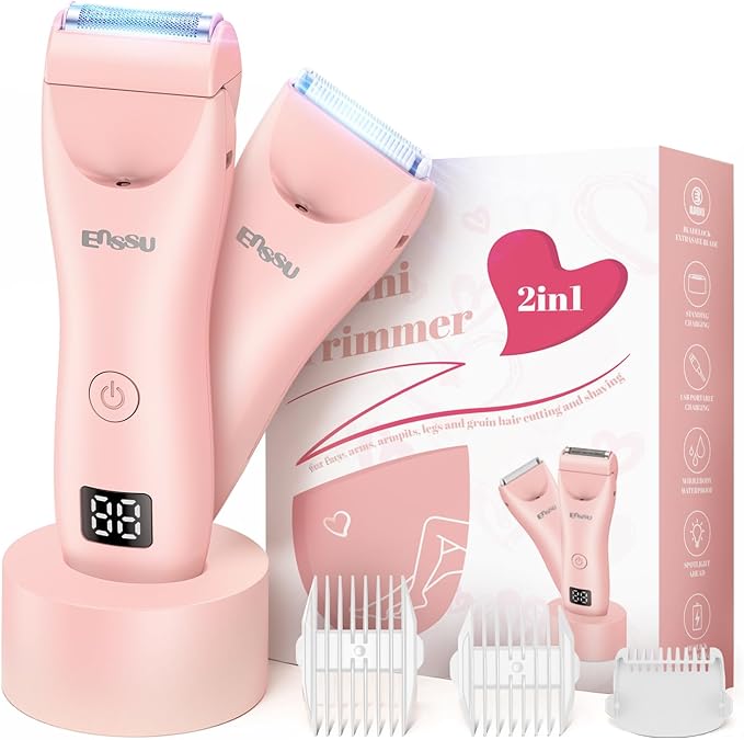 Bikini Trimmer for Women - 2 in 1 Pubic Hair Trimmer IPX7 Waterproof, Razors for Women with LED Light & USB Charge, Painless Electric Shaver with Ceramic Blade for Bikini Legs Arm Underarm