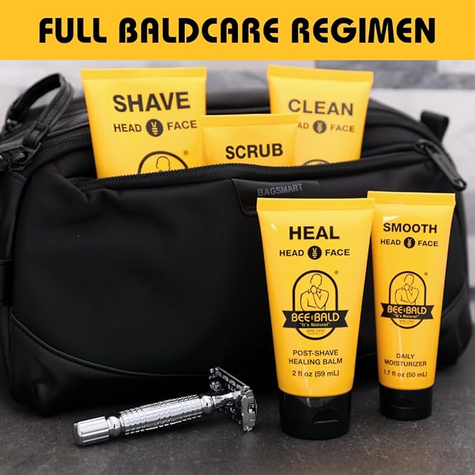 Bee Bald Premium Gift Set for Bald Men, Gift to Combine with Head Shavers for Bald Men Gift - Includes Bald Head After Shave, Moisturizer, Shaving Cream, Exfoliator, and Cleanser (5 Piece Kit)