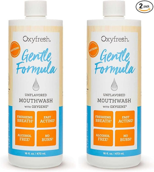 Oxyfresh Gentle Formula Unflavored Mouthwash for Adults – Ultra Sensitive Gums & Teeth – Non Mint, Zero Alcohol, Flavor Free – Fresh Breath. 16 oz (Pack of 2)