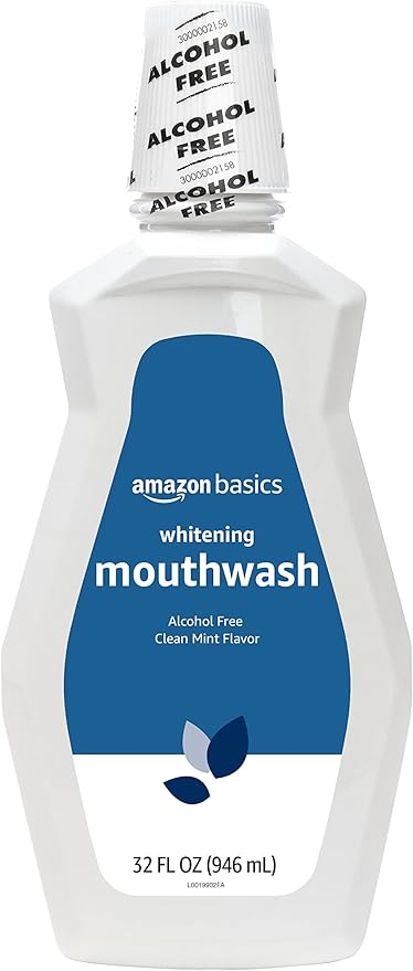 Amazon Basics Teeth Whitening Mouthwash, Alcohol-Free, Clean Mint Flavor, Breath Freshener, 32 fl oz, 4-Pack (Previously Solimo)