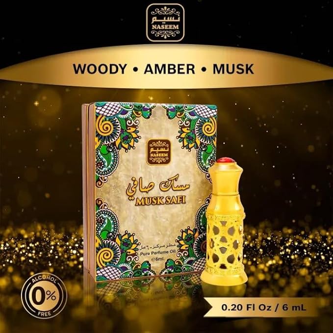 NASEEM Musk Safi 6ml Attar Perfume Oil for Men & Women | Rich Musk, Amber, & Sandalwood Blend Eau De Parfum | Long-Lasting, Hypoallergenic Fragrance | Premium Alcohol-Free, Skin-Friendly Scent