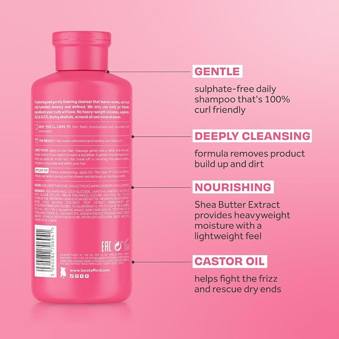 Lee Stafford Wavy, Curly, & Coily Shampoo | For The Love of Curls - Daily Cleanser for 2A to 4C Hair, Anti Frizz, Moisturising, Adds High Gloss Shine to Smooth Defined Curls, Lightweight, 16.9 Fl Oz