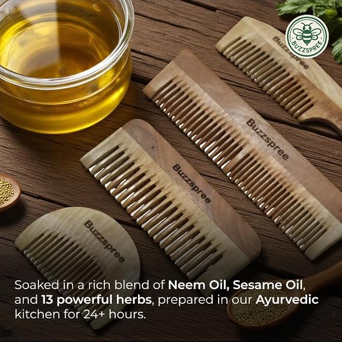 Natural Neem Wood Comb Set of 2 (Wave Lily & Wave Handle) | Wide & Fine Tooth Wooden Hair Pick Comb Set for Men & Women | Eco-Friendly, Plastic-Free Wooden Combs for Daily Grooming | Curly & Texted