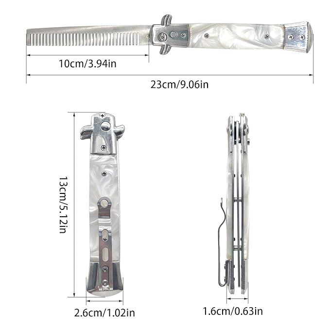 Folding Pocket Comb, Stainless Steel Beard Comb for Men, Switchblade Fine Tooth Mustache Combs Designed for Hair Salon Beauty Tool (Milky)