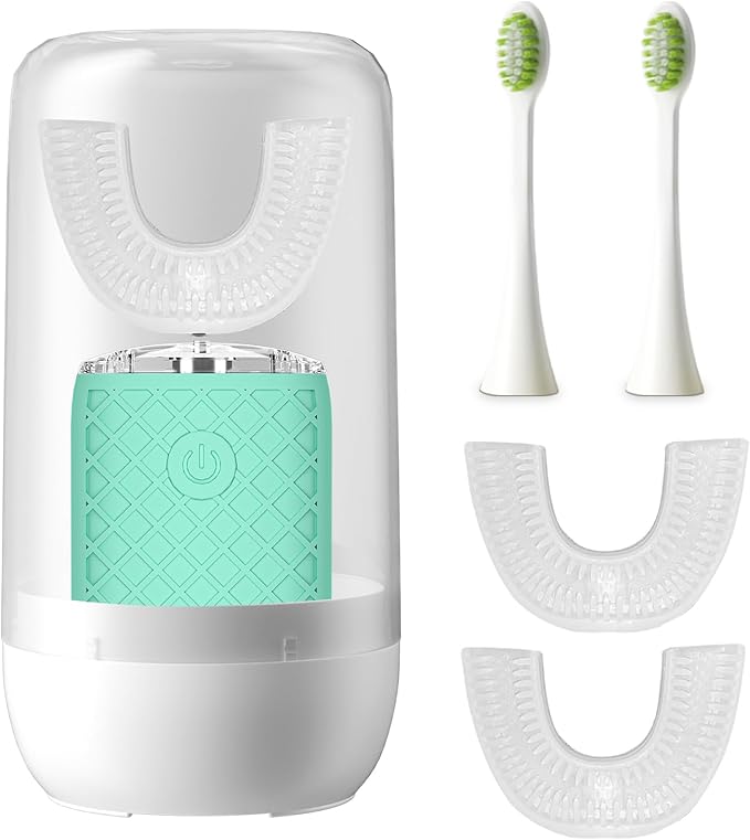 Adult Sonic Automatic Electric Toothbrush, 360° Oral Cleaning Stain Whitening, IPX7 Waterproof Rechargeable, u-Shape Brush Head*3+Straight Handle Brush Head*2 (Green-Cup)